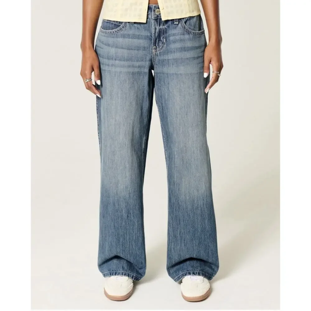 Hollister Low Rise Medium Wash Los Angeles Graphic Baggy Jeans Size 0R Waist 25